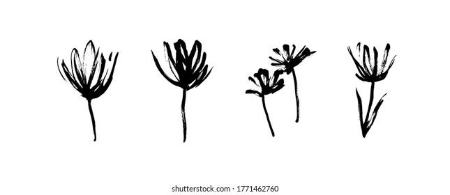 Grunge dirty decorative flowers. Hand drawn black vector floral collection, isolated on white background. Modern ink expressive brush strokes graphic art.