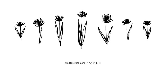 Grunge dirty decorative flowers set. Hand drawn black vector floral collection, isolated on white background. Modern ink graphic art, expressive brush strokes.