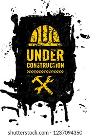 Grunge and dirty, scratched under construction Warning road sign. Logo concept. Conceptual image of tools for repair, construction and builder. Cartoon flat illustration isolated on white background.
