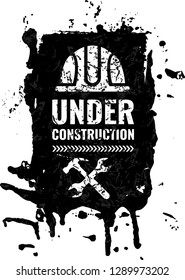 Grunge and dirty, scratched under construction Warning road sign. Logo concept. Conceptual image of tools for repair, construction and builder. Cartoon flat illustration isolated on white background.
