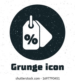Grunge Discount percent tag icon isolated on white background. Shopping tag sign. Special offer sign. Discount coupons symbol. Monochrome vintage drawing. Vector Illustration