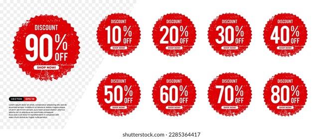 Grunge Discount Stamp Set, Circles. 90 percent Off. 10, 20, 30, 40, 50, 60, 70, 80. Grungy Red Stamp. For Tag, Price Discount Labels, Icon, Stickers. Vector Illustration