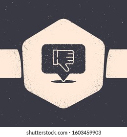 Grunge Dislike in speech bubble icon isolated on grey background. Monochrome vintage drawing. Vector Illustration