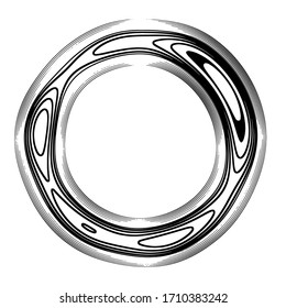 Grunge distorted round frame, abstract graphic design element,  circle pattern, black and white vector illustration.
