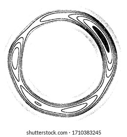 Grunge distorted round frame, abstract graphic design element,  circle pattern, black and white vector illustration.