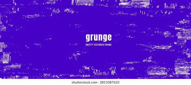 Grunge distress dirty pattern with vintage punk vibe on blue purple frame. Paper grange, gritty roller paint forming a border. Vector grunge with distress overlay for poster book cover.