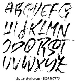 Grunge distress font. Modern dry brush ink letters. Handwritten alphabet. Vector illustration.