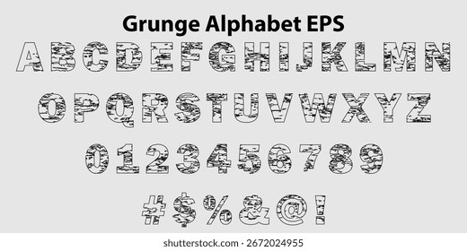 Grunge Distressado Alfabeto Vetor. Fonte EPS texturizada com letras ásperas, números e símbolos para design vintage, arte punk, gráficos urbanos e projetos retrô