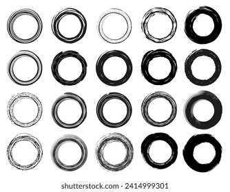 Grunge distressed circle set collection. Circles Frame border brush stroke style. Black lines in circle form, grungy texture elements isolated on white background 