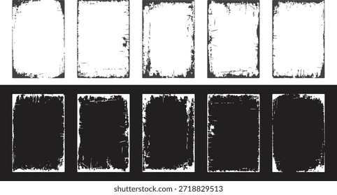 Grunge quadro angustiado definido com bordas retangulares ásperas em preto e branco. Texturas de tinta gastas criam posters vintage e efeitos de moldura de foto. Sobreposições ideais para fundos, impressões e modernos 