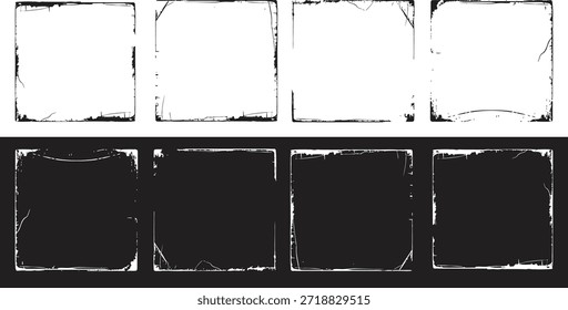 Grunge quadro angustiado definido com bordas retangulares ásperas em preto e branco. Texturas de tinta gastas criam posters vintage e efeitos de moldura de foto. Sobreposições ideais para fundos, impressões e modernos 