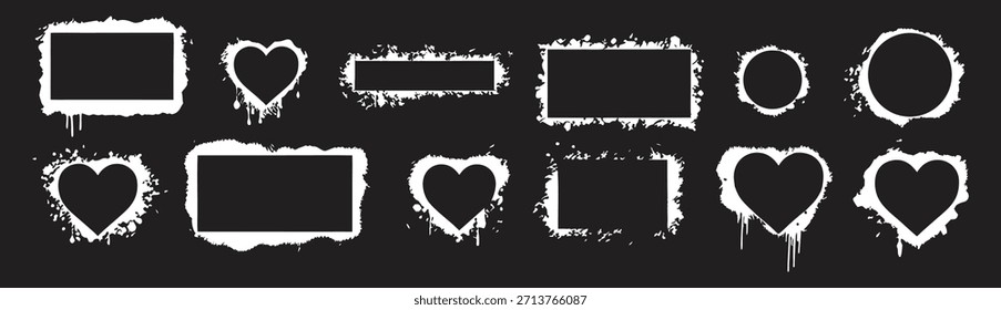 Grunge distressed frames and heart shapes isolated on dark background. Rough ink borders create a bold vintage look. Perfect for love designs, posters, labels, and creative layouts.