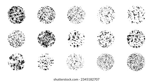 Grunge bedrängte Farbtexturen setzen Overlay. Abstrakte, unordentliche Blobs und Spatter. Schmerzen und Tropfen Kreise mit Vintage-Effekt. Einzeln. Vektorgrafik.