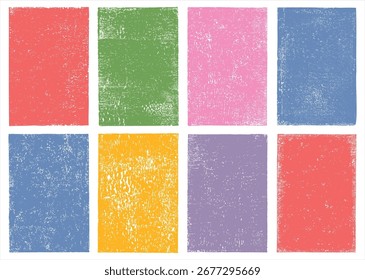 Grunge distressed rectangles 2:3 set. Linocut, relief printing textured shapes rough textures. Retro vintage backgrounds collection, text frames. Paint roller aged stains, lino ink grungy remains.