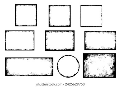 Grunge distressed round set, square and rectangle frame bundle. Ink empty black border. Vector illustration set isolated on white background.