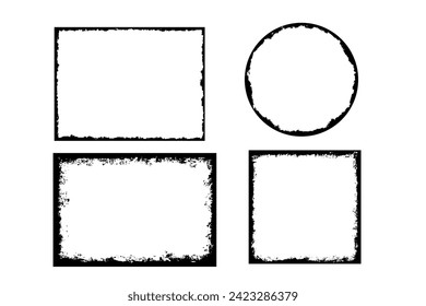 Grunge distressed round, square and rectangle frame. Ink empty black border. Vector illustration set isolated on white background.