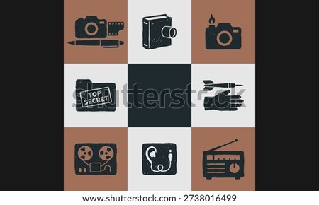 Grunge, distressed vector icons representing spy gear, secrets, and surveillance. Includes camera, top secret file, tape recorder, and radio. Hand-drawn vintage aesthetic.