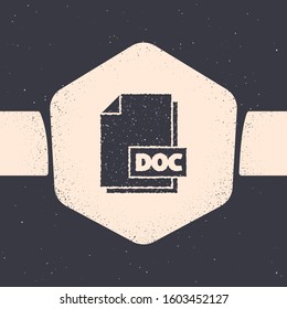 Grunge DOC file document. Download doc button icon isolated on grey background. DOC file extension symbol. Monochrome vintage drawing. Vector Illustration