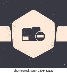 Grunge Document folder with minus icon isolated on grey background. Clear document. Remove file document. Delete information file. Monochrome vintage drawing. Vector Illustration