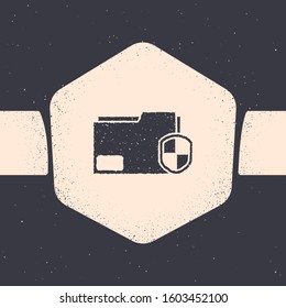 Grunge Document folder protection concept icon isolated on grey background. Confidential information and privacy idea, guard, shield. Monochrome vintage drawing. Vector Illustration