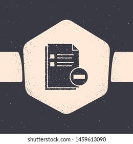 Grunge Document with minus icon isolated on grey background. Clear document. Remove file document. Delete information file. Monochrome vintage drawing. Vector Illustration