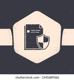 Grunge Document protection concept icon isolated on grey background. Confidential information and privacy idea, secure, guard, shield. Monochrome vintage drawing. Vector Illustration