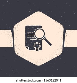 Grunge Document with search icon isolated on grey background. File and magnifying glass icon. Analytics research sign. Monochrome vintage drawing. Vector Illustration
