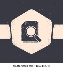 Grunge Document with search icon isolated on grey background. File and magnifying glass icon. Analytics research sign. Monochrome vintage drawing. Vector Illustration