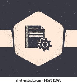 Grunge Document settings with gears icon isolated on grey background. Software update, transfer protocol, teamwork tool management. Monochrome vintage drawing. Vector Illustration