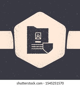 Grunge Document with shield icon isolated on grey background. Insurance concept. Security, safety, protection, protect concept. Monochrome vintage drawing. Vector Illustration