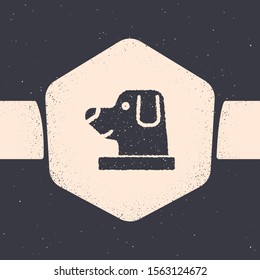 Grunge Dog in astronaut helmet icon isolated on grey background. Monochrome vintage drawing. Vector Illustration