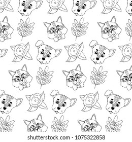 grunge dog and fox cute animal with flower background