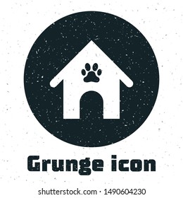 Grunge Dog house and paw print pet icon isolated on white background. Dog kennel.  Vector Illustration