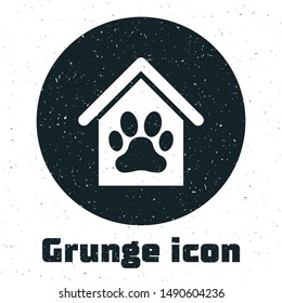 Grunge Dog house and paw print pet icon isolated on white background. Dog kennel.  Vector Illustration