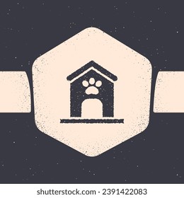 Grunge Dog house and paw print pet icon isolated on grey background. Dog kennel. Monochrome vintage drawing. Vector