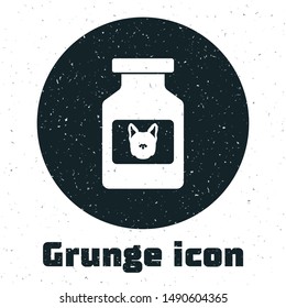 Grunge Dog medicine bottle icon isolated on white background. Container with pills. Prescription medicine for animal.  Vector Illustration
