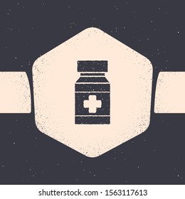 Grunge Dog medicine bottle and pills icon isolated on grey background. Container with pills. Prescription medicine for animal. Monochrome vintage drawing. Vector Illustration