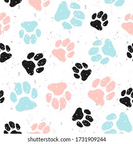 Grunge dog paw seamless background. Black, blue, pink paw track. Abstract dog paw seamless pattern. 
