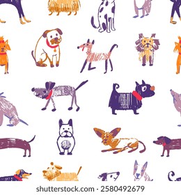 Grunge dogs seamless pattern. Crayon style drawing animals, different puppies and dog. Print with pets for fabric webpage wrapping, neoteric vector background