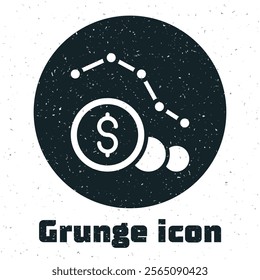 Grunge Dollar rate decrease icon isolated on white background. Cost reduction. Money symbol with down arrow. Business lost crisis decrease. Monochrome vintage drawing. Vector