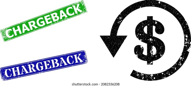 Grunge Dollar Rückerstattung Symbol und rechteckiger Gummi Chargeback Stempel. Vektor-grüne Chargeback- und blaue Chargeback-Siegel mit grunge Gummi-Textur, entwickelt für die Dollarrückgabe-Illustration.