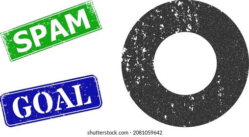 Grunge donut icon and rectangular rubber Spam stamp. Vector green Spam and blue Goal watermarks with retro rubber texture, designed for donut illustration. Goal caption inside rectangular shape.