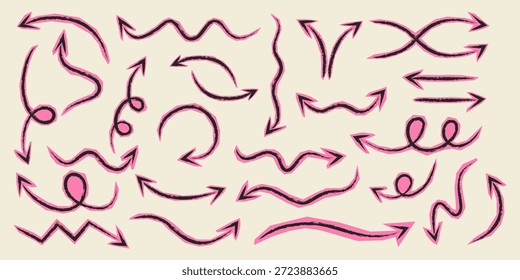 Grunge doodle arrows set. Black brush strokes with bright pink outlines in various shapes on a pale background.