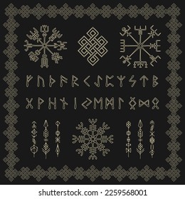 Grunge doodle brushes symbols isolated on dark background. Old Scandinavian norse sign for viking pattern tattoos and designs