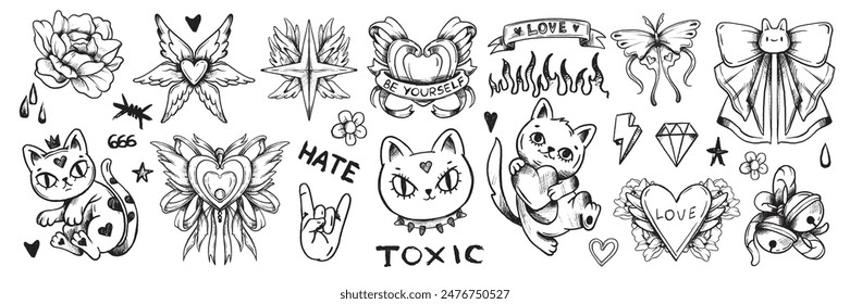 Grunge doodle cat icon set, vector hand drawn sketch kitten, gothic heart, rock punk scribble symbol. Y2k emo romantic tattoo, Valentine love symbol, crayon inscription, bow, rose. Ink doodle cat 