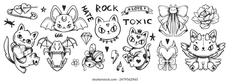 Grunge doodle cat set, tattoo sketch kitten, vector hand drawn gothic girly animals, punk scribble. Y2k emo rock romantic illustration, Valentine love symbol, crayon inscription, rose. Ink doodle cat 