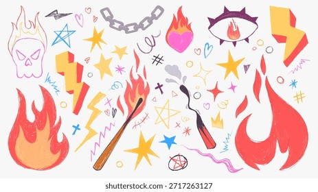 Icono de Vector de fuego de llama de garabato de Grunge con pinceladas dibujadas a mano, cráneo y rayos, cadenas y corazón ardiente. Formas de graffiti retro para el punk rock rebelde o el diseño urbano alternativo
