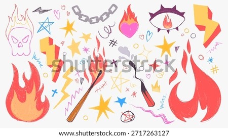 Grunge doodle flame fire vector icon set with hand drawn brush strokes, skull and lightning bolts, chains and burning heart. Retro graffiti shapes for rebellious punk rock or alternative urban design