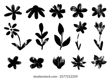 Grunge doodle flowers and leaves set. Hand draw cute flowers with crayon, chalk and markers texture. Flowers textured modern icons