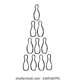 Grunge doodle hand-drawn bowling white pins for game, logo template. Playing bowling, game, leisure and sport, vector design. Entertaining bowling club illustration